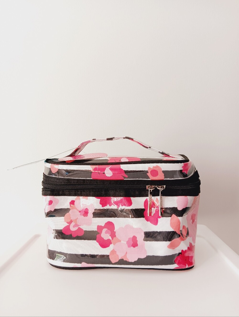 Modella Cosmetics Toiletry Bag Train Case Stripes Flowers Zipper Top Handle 7"